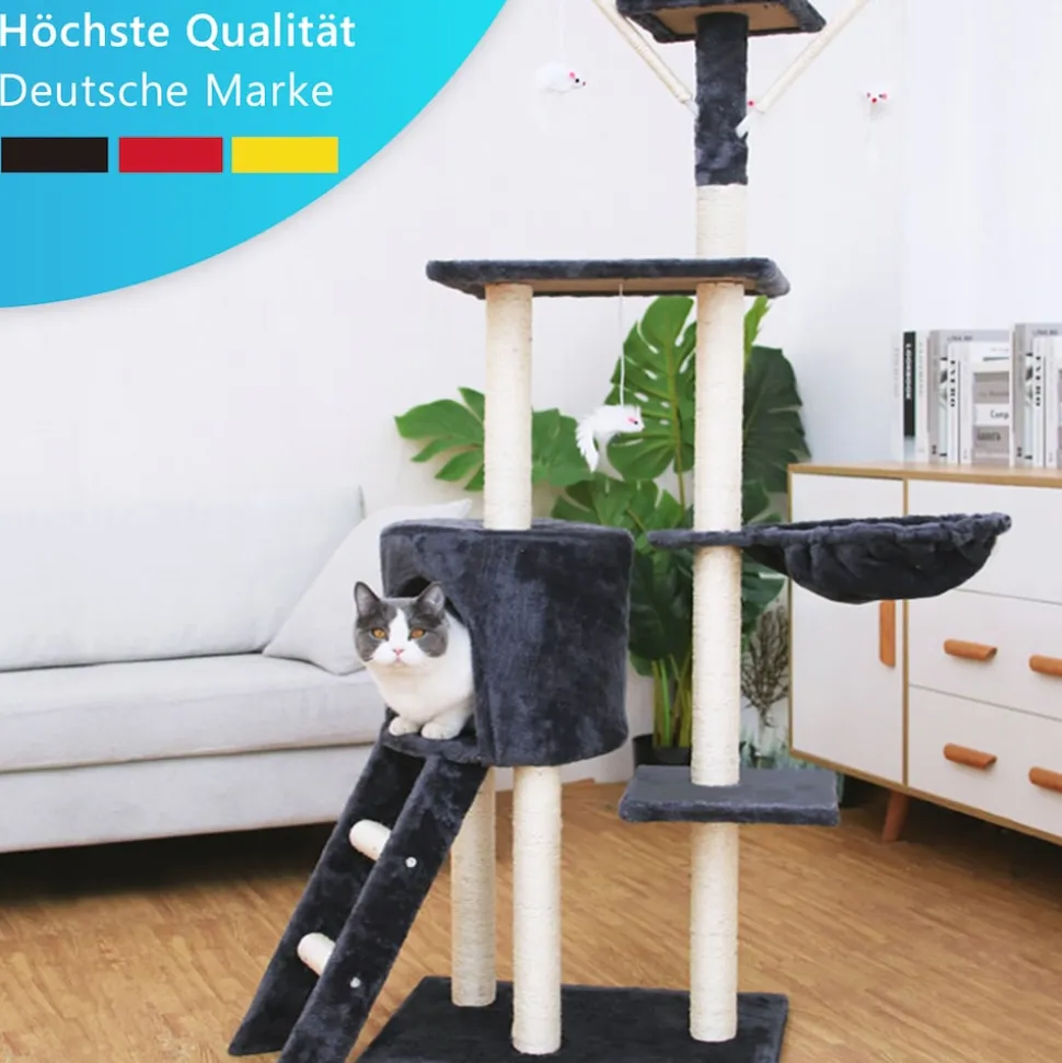 NYVI Katzen Kratzbaum Simba 142 cm Dunkelgrau - Deluxe Katzenbaum mit Katzenhöhle, Spielzeug, Plattform, Sisal Kratzsäule und Hängematte