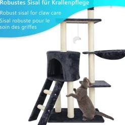 NYVI Katzen Kratzbaum Simba 142 cm Dunkelgrau - Deluxe Katzenbaum mit Katzenhöhle, Spielzeug, Plattform, Sisal Kratzsäule und Hängematte