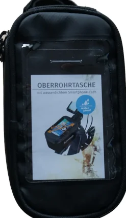 Oberrohrtasche, wasserabweisend, mit Smartphone-Fach für Smartphones bis 5,5", Volumen: 1 Liter, Farbe: schwarz