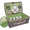 Picknickkorb-Set MCW-B24 für 4 Personen, Weiden-Korb, Porzellan Edelstahl ~ grau-grün
