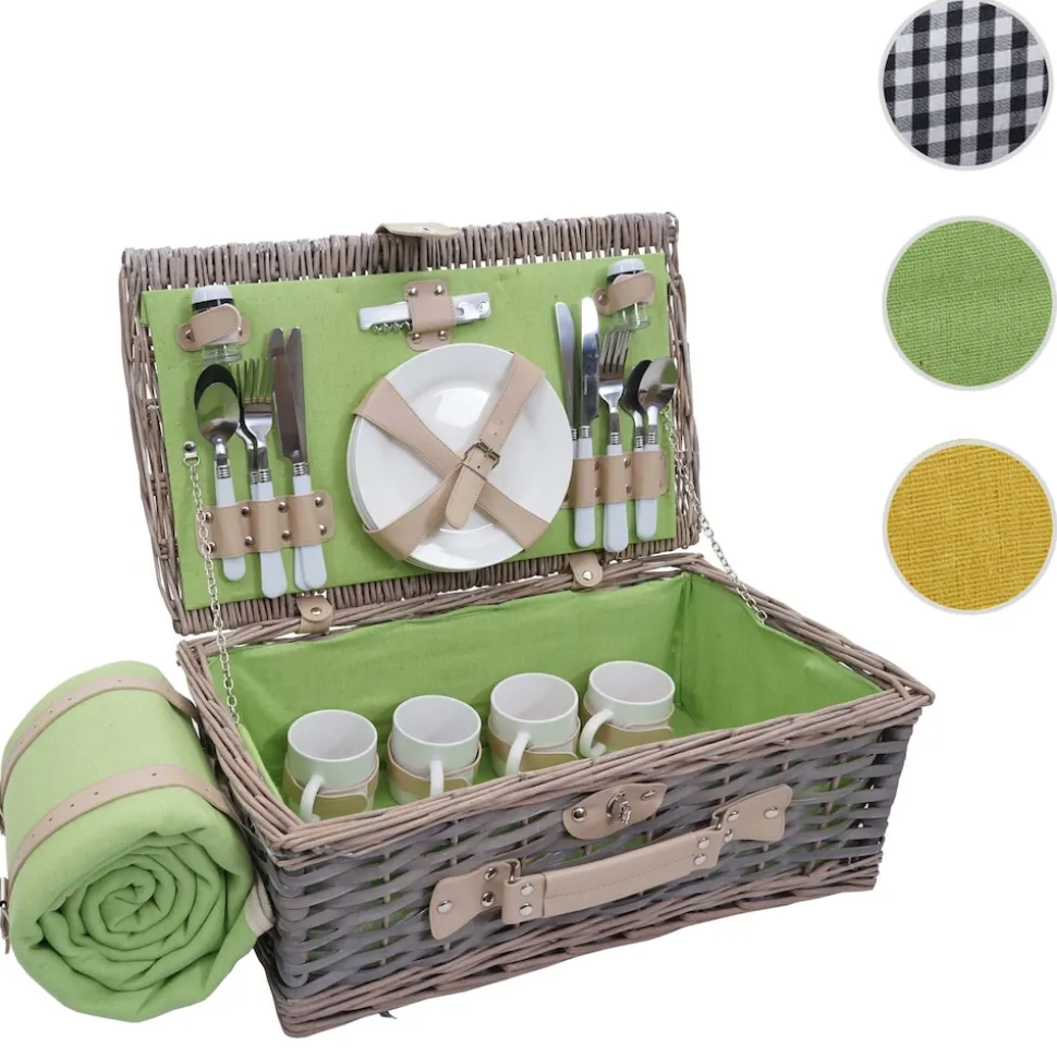 Picknickkorb-Set MCW-B24 für 4 Personen, Weiden-Korb, Porzellan Edelstahl ~ grau-grün