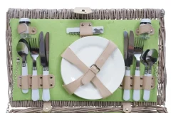 Picknickkorb-Set MCW-B24 für 4 Personen, Weiden-Korb, Porzellan Edelstahl ~ grau-grün
