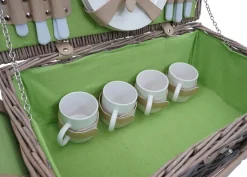 Picknickkorb-Set MCW-B24 für 4 Personen, Weiden-Korb, Porzellan Edelstahl ~ grau-grün