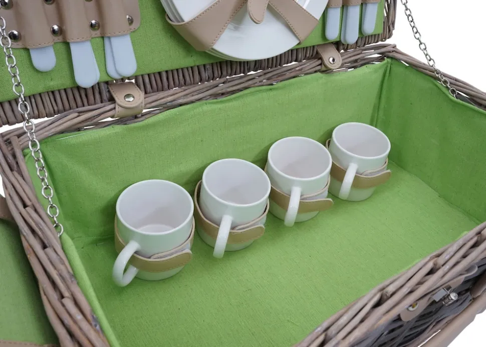 Picknickkorb-Set MCW-B24 für 4 Personen, Weiden-Korb, Porzellan Edelstahl ~ grau-grün