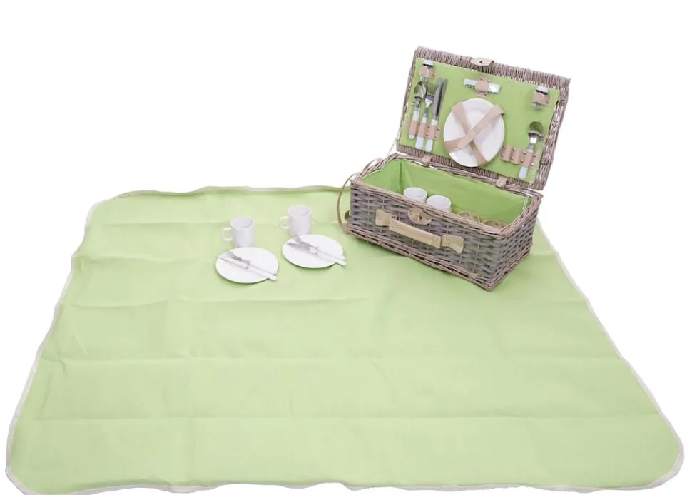Picknickkorb-Set MCW-B24 für 4 Personen, Weiden-Korb, Porzellan Edelstahl ~ grau-grün