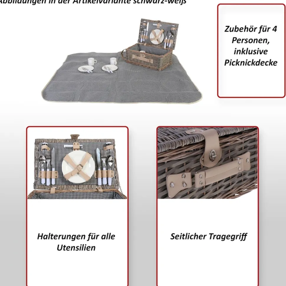 Picknickkorb-Set MCW-B24 für 4 Personen, Weiden-Korb, Porzellan Edelstahl ~ grau-grün