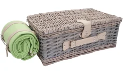 Picknickkorb-Set MCW-B24 für 4 Personen, Weiden-Korb, Porzellan Edelstahl ~ grau-grün