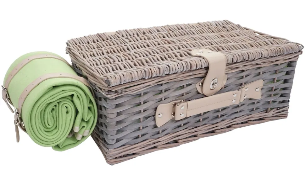 Picknickkorb-Set MCW-B24 für 4 Personen, Weiden-Korb, Porzellan Edelstahl ~ grau-grün