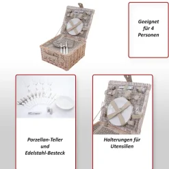 Picknicktasche für 4 Personen, Picknickkorb-Set + Kühlfach, Porzellan Glas Edelstahl, beige