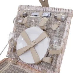 Picknicktasche für 4 Personen, Picknickkorb-Set + Kühlfach, Porzellan Glas Edelstahl, beige
