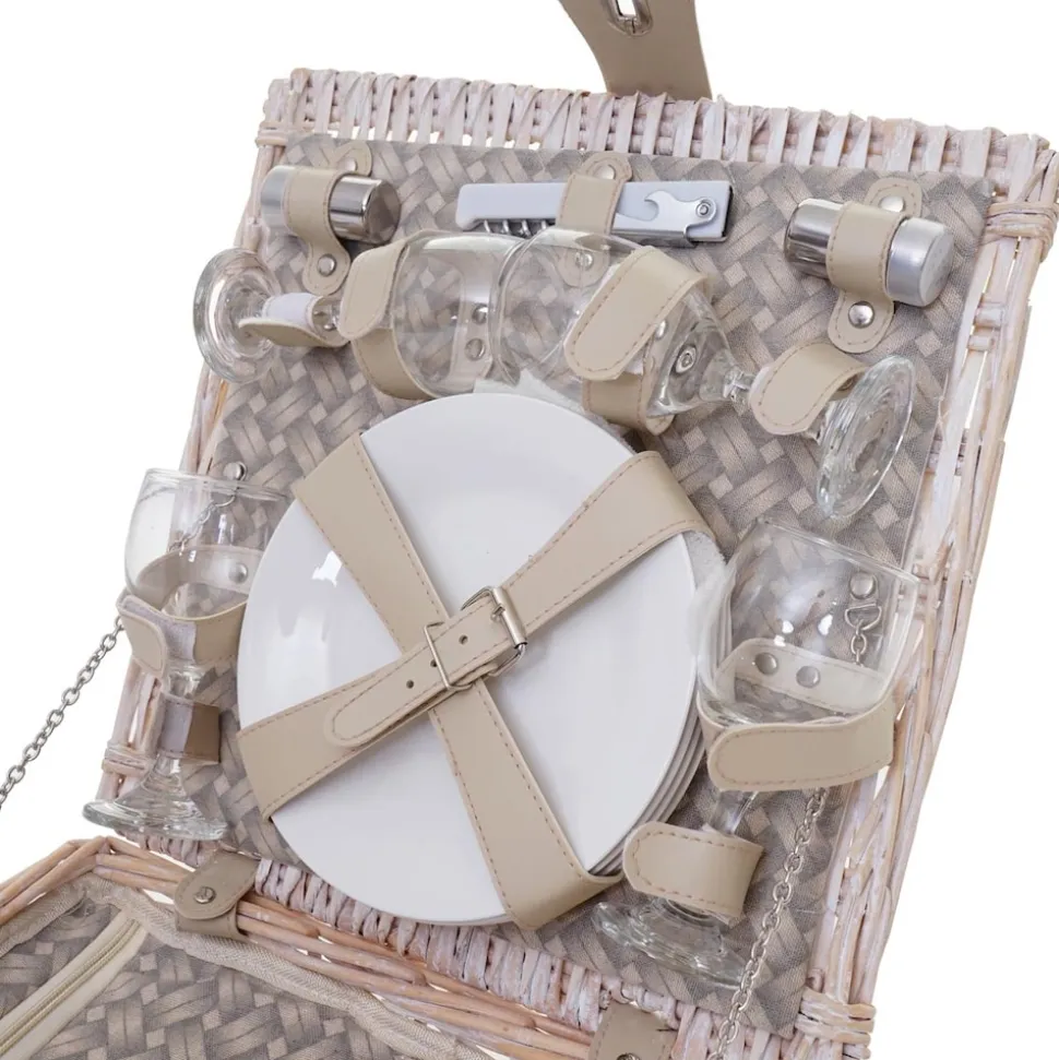 Picknicktasche für 4 Personen, Picknickkorb-Set + Kühlfach, Porzellan Glas Edelstahl, beige