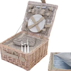Picknicktasche für 4 Personen, Picknickkorb-Set + Kühlfach, Porzellan Glas Edelstahl, beige