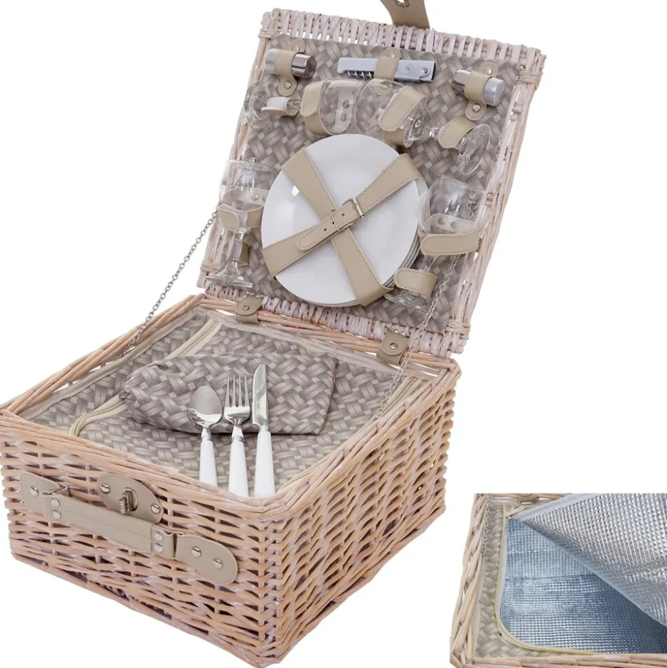 Picknicktasche für 4 Personen, Picknickkorb-Set + Kühlfach, Porzellan Glas Edelstahl, beige