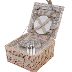 Picknicktasche für 4 Personen, Picknickkorb-Set + Kühlfach, Porzellan Glas Edelstahl, beige