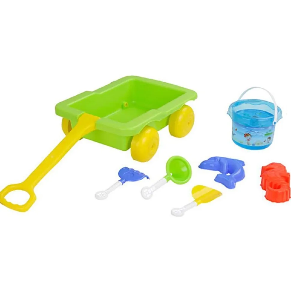 Pilsan 06112 Sandspielzeug Set mit Ziehwagen, Eimer, Förmchen, Schaufeln, Rechen