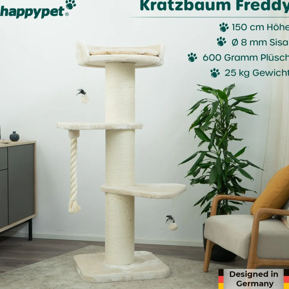 Premium Kratzbaum Grosse Katzen Stabil 'Freddy' – 150 cm Großer Katzenbaum | Creme