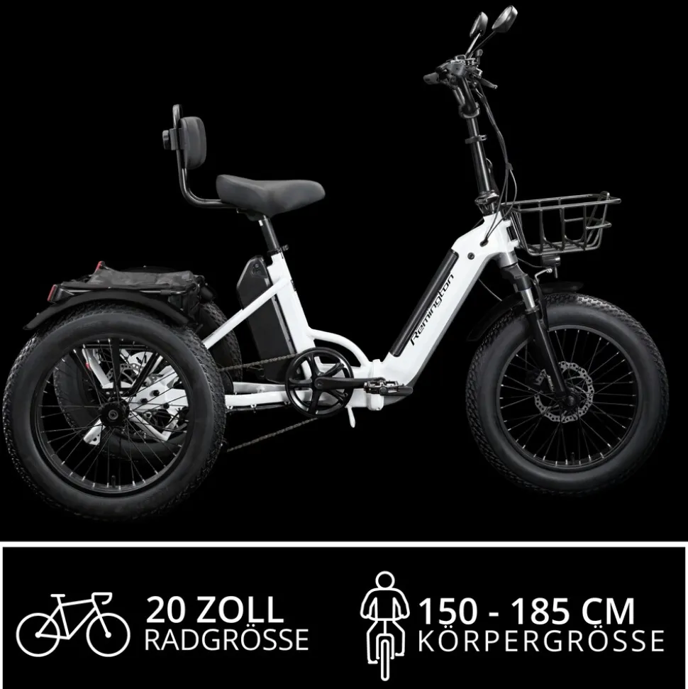 Remington R100 E Bike Elektro Dreirad 20 Zoll Elektrodreirad mit 2 Akkus bis 120 km Pedelec City mit tiefem Einstieg klappbar