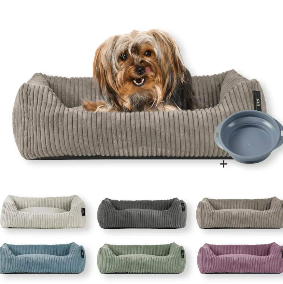 Rohrschneider Tierbett Cordstoff breit Gr. 1 taupe + faltbarer Reisenapf