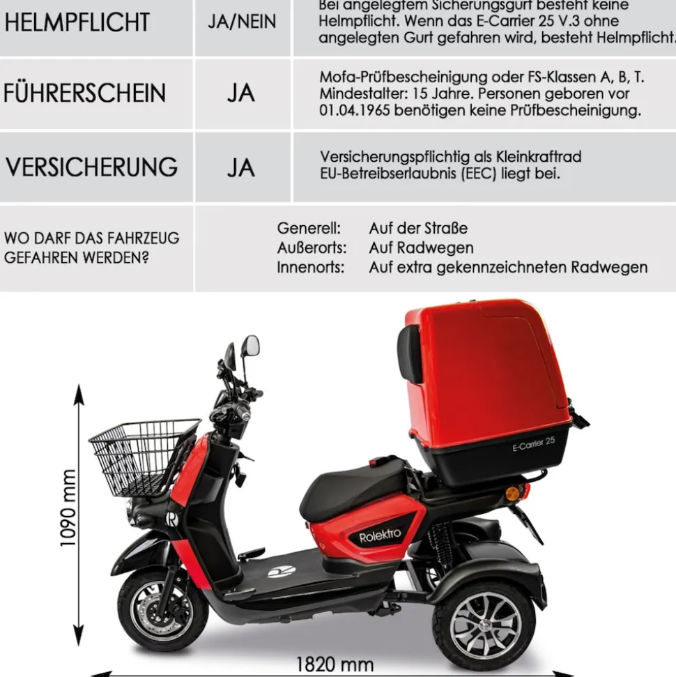 Rolektro, E-Carrier 25 V.3 Lithium, Rot, mit XXL-Koffer, 60V-32,5Ah Akku, 1000 Watt