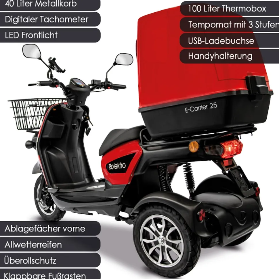 Rolektro, E-Carrier 25 V.3 Lithium, Rot, mit XXL-Koffer, 60V-32,5Ah Akku, 1000 Watt