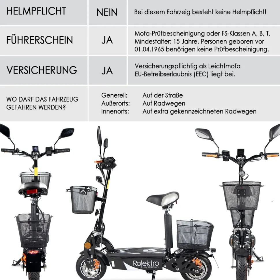 Rolektro, E-Joy Elektro-Scooter 20 Lithium, Schwarz, 36V-20AH Akku, 500 Watt