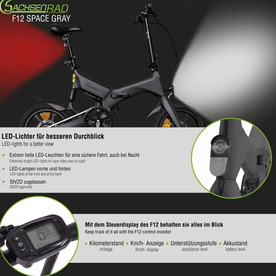 SachsenRAD E-Faltrad F12 Klapprad Ebike Elektrofahrrad Titansilber 16 Zoll