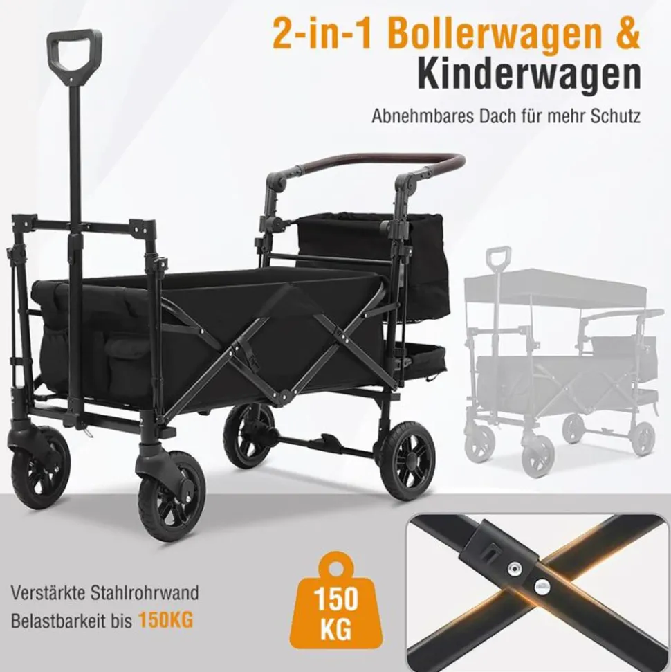 SachsenRAD Faltbarer Bollerwagen mit Dach, 150 kg