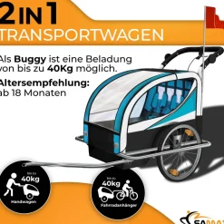 SAMAX 360° drehbarer Fahrradanhänger 2in1 Jogger - in Blau - Silver Frame