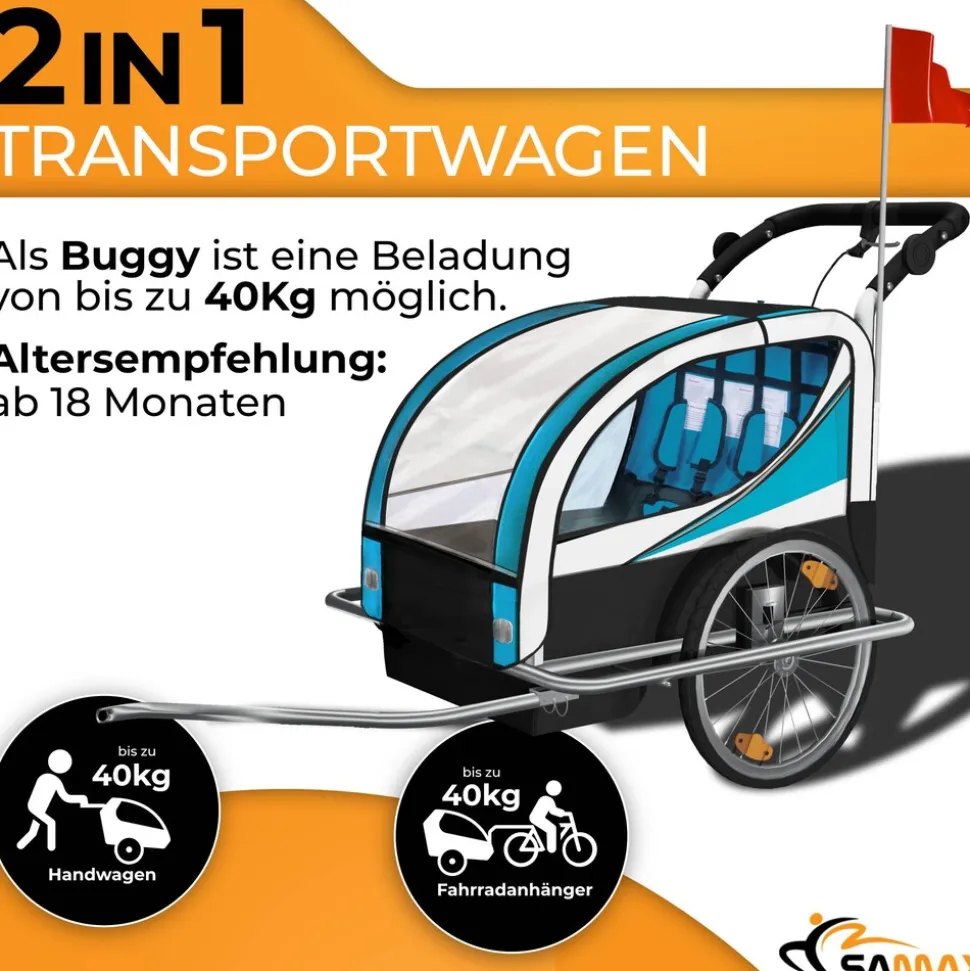 SAMAX 360° drehbarer Fahrradanhänger 2in1 Jogger - in Blau - Silver Frame