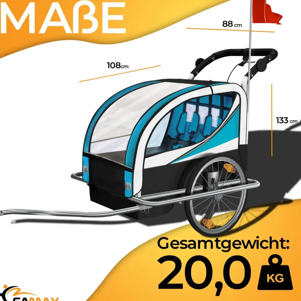 SAMAX 360° drehbarer Fahrradanhänger 2in1 Jogger - in Blau - Silver Frame