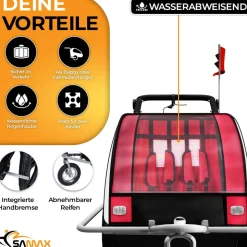 SAMAX 360° drehbarer Fahrradanhänger 2in1 Jogger - in Rot - Silver Frame