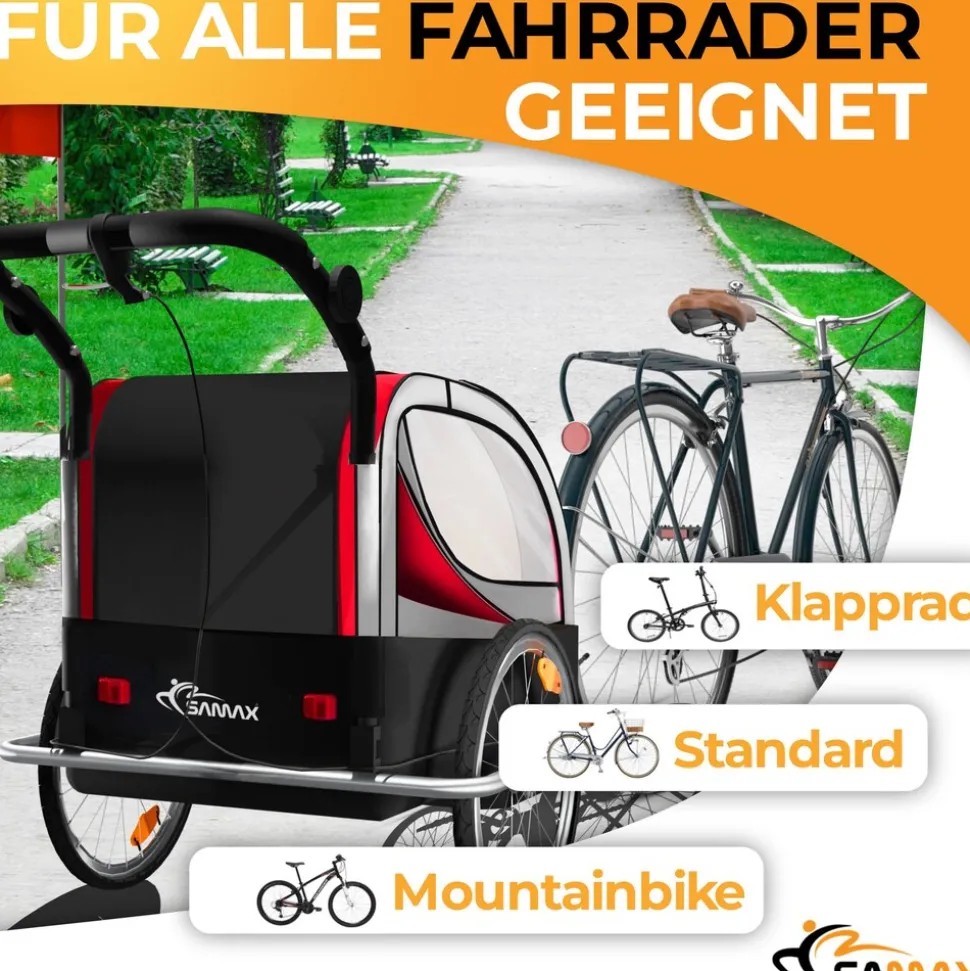SAMAX 360° drehbarer Fahrradanhänger 2in1 Jogger - in Rot - Silver Frame