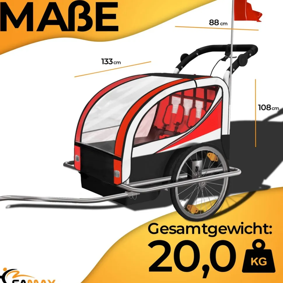 SAMAX 360° drehbarer Fahrradanhänger 2in1 Jogger - in Rot - Silver Frame