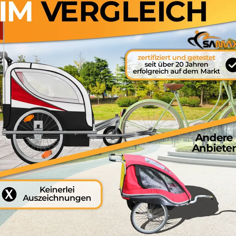 SAMAX 360° drehbarer Fahrradanhänger 2in1 Jogger - in Rot - Silver Frame