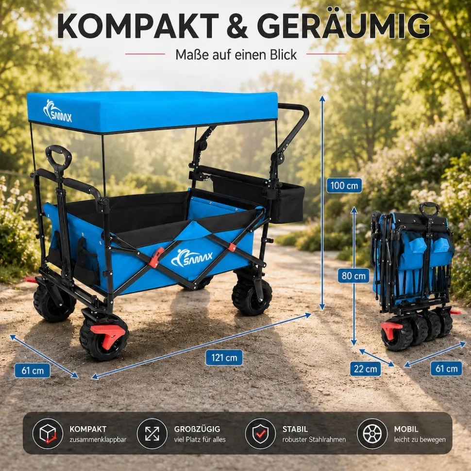 SAMAX Faltbarer Bollerwagen Offroad mit Dach - Blau