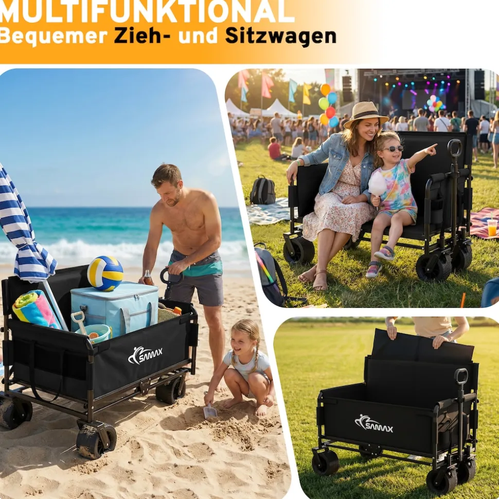 SAMAX Faltbarer Bollerwagen - 2in1 mit Bank - bis 200kg Offroad Festival Edition - Schwarz
