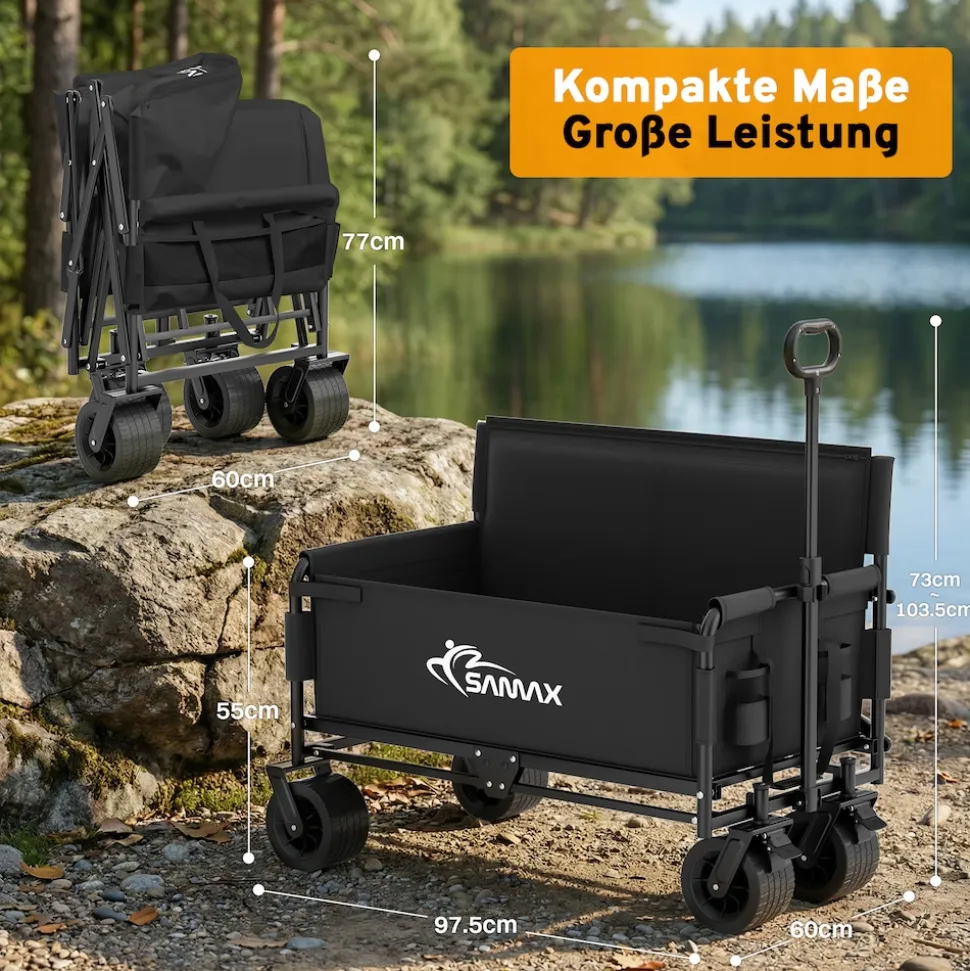 SAMAX Faltbarer Bollerwagen - 2in1 mit Bank - bis 200kg Offroad Festival Edition - Schwarz