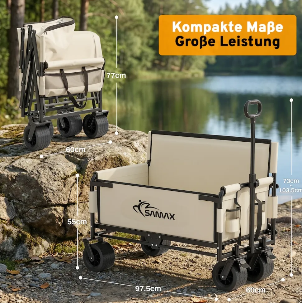 SAMAX Faltbarer Bollerwagen - 2in1 mit Bank - bis 200kg Offroad Festival Edition - Beige