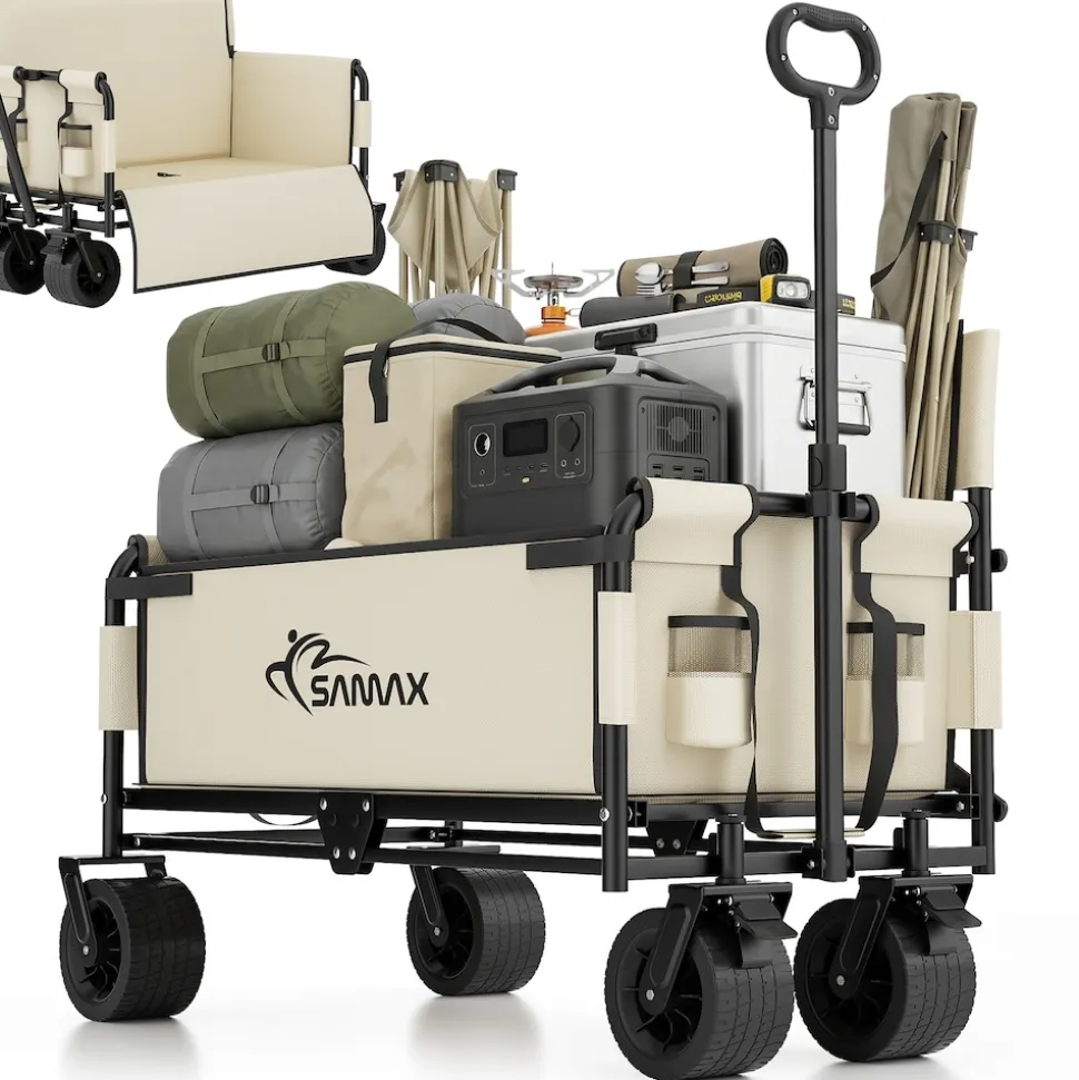 SAMAX Faltbarer Bollerwagen - 2in1 mit Bank - bis 200kg Offroad Festival Edition - Beige