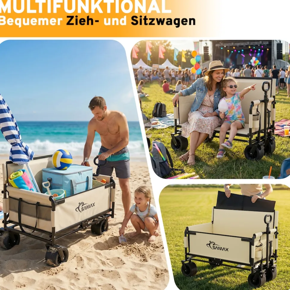 SAMAX Faltbarer Bollerwagen - 2in1 mit Bank - bis 200kg Offroad Festival Edition - Beige