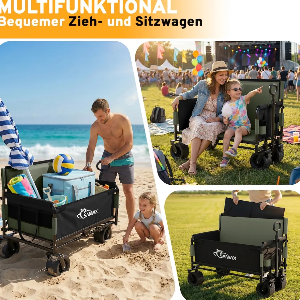 SAMAX Faltbarer Bollerwagen - 2in1 mit Bank - bis 200kg Offroad Festival Edition - Matcha Grün
