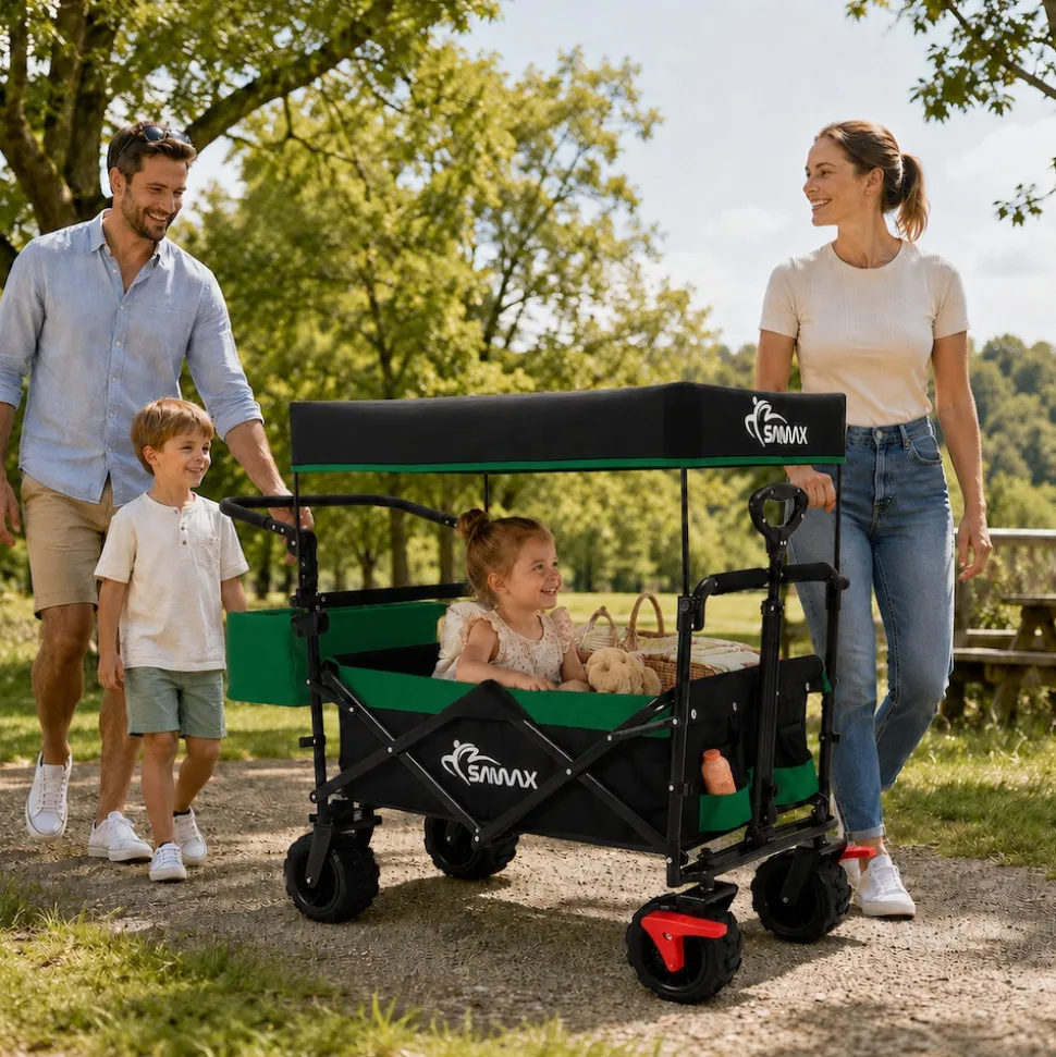 SAMAX Faltbarer Bollerwagen Offroad mit Dach - Schwarz / Rot