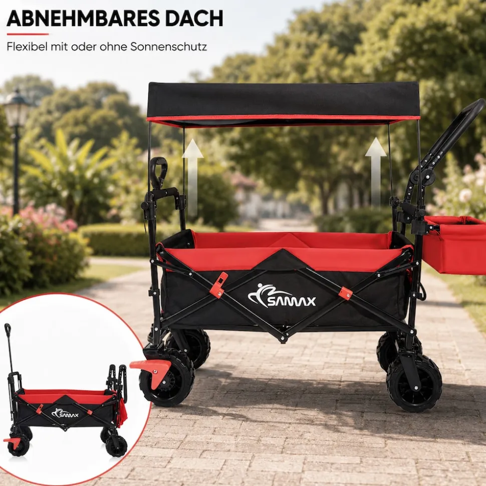 SAMAX Faltbarer Bollerwagen Offroad mit Dach - Schwarz / Rot