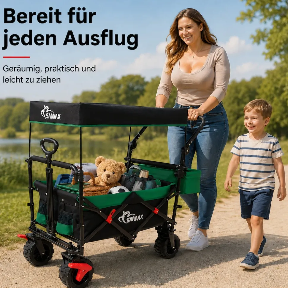 SAMAX Faltbarer Bollerwagen Offroad mit Dach - Schwarz / Rot
