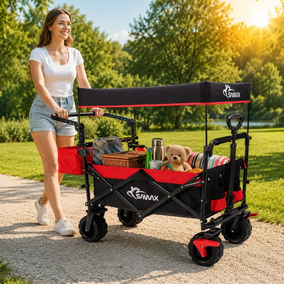 SAMAX Faltbarer Bollerwagen Offroad mit Dach - Schwarz / Rot