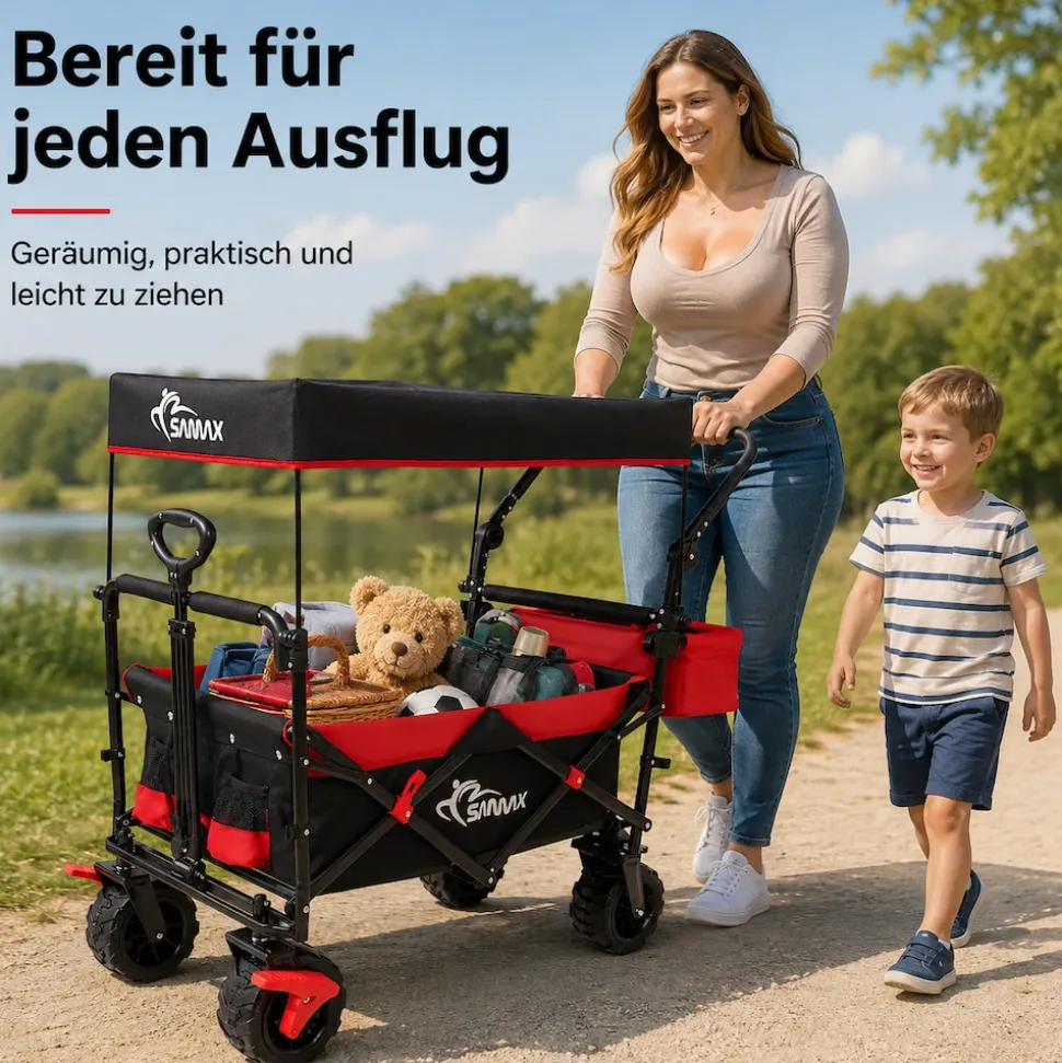 SAMAX Faltbarer Bollerwagen Offroad mit Dach - Schwarz / Rot