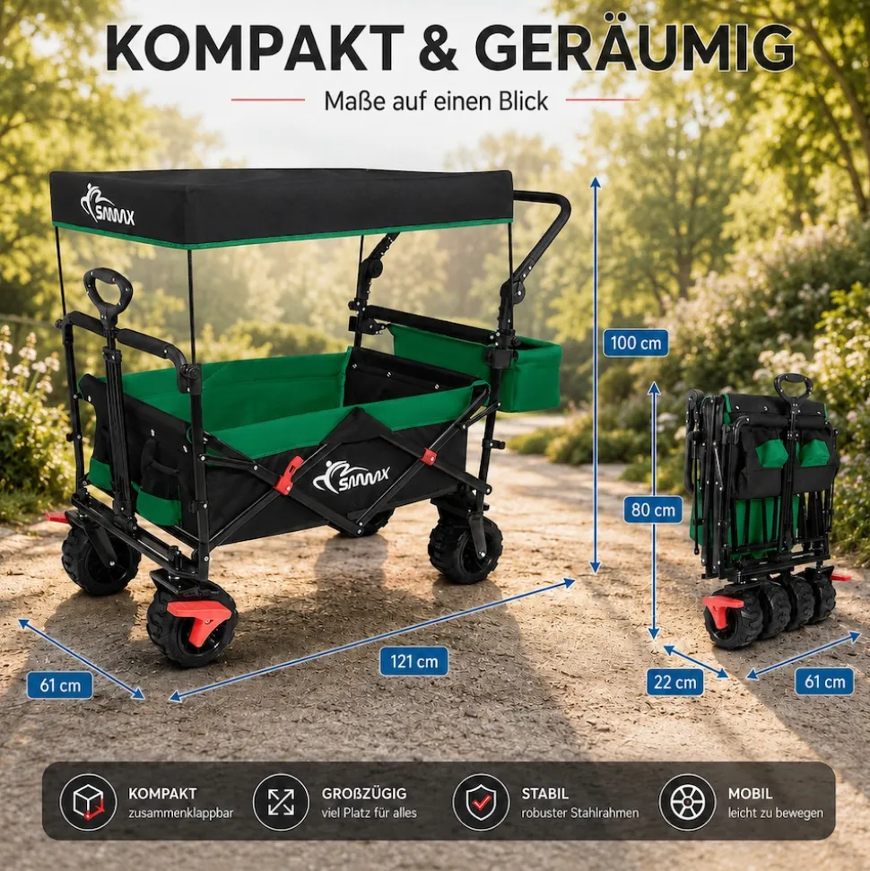 SAMAX Faltbarer Bollerwagen Offroad mit Dach - Schwarz / Rot
