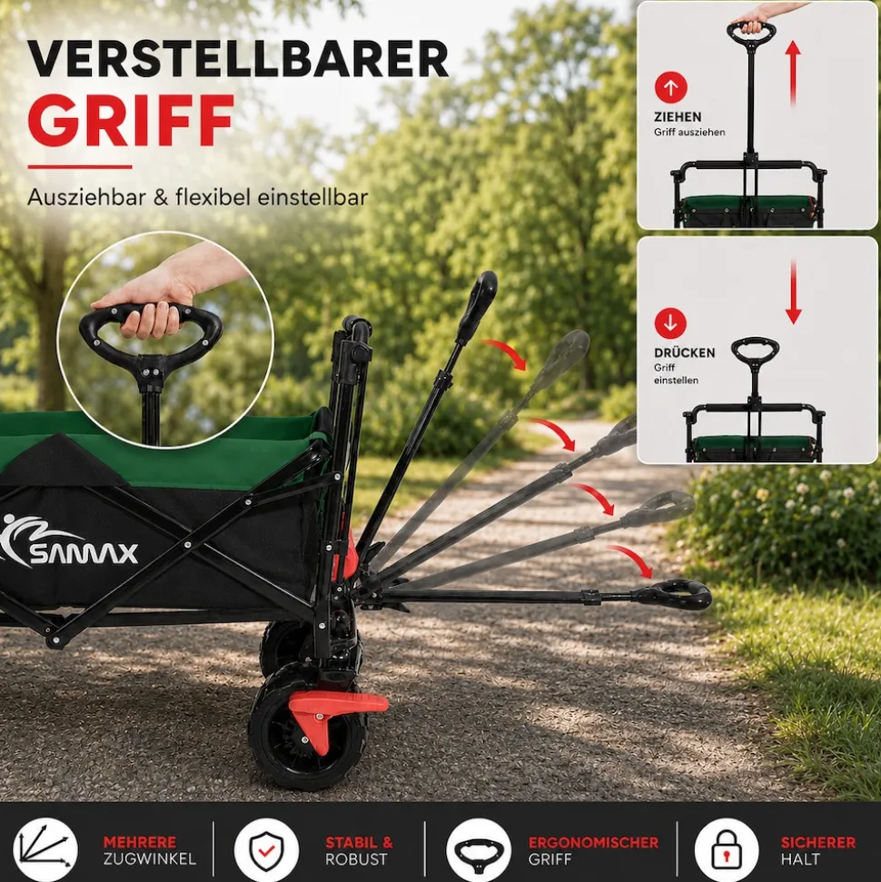 SAMAX Faltbarer Bollerwagen Offroad mit Dach - Schwarz / Rot