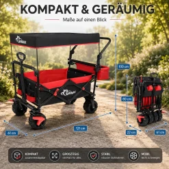 SAMAX Faltbarer Bollerwagen Offroad mit Dach - Schwarz / Rot