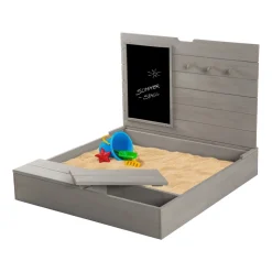 Sandkasten mit Deckel, aufklappbar mit Tafel & 3 Haken, Massivholz grau lasiert